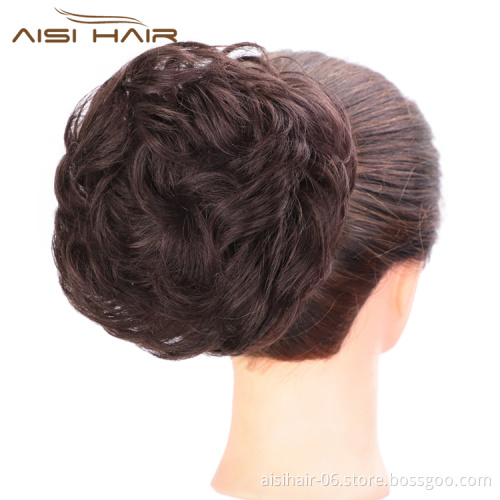 Aisi Hair Dark Brown Brazilian Human Hair Curly Chignon Bun Elastic Rope Rubber Band Hairpiece Clip In Extension For Women